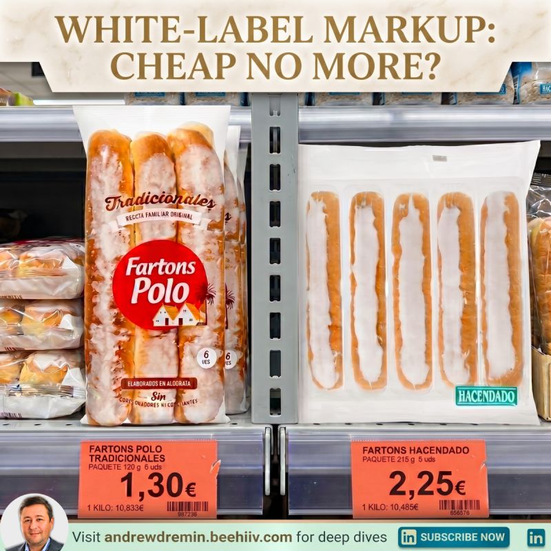 A supermarket shelf comparing two packages of fartons pastries beneath a text overlay reading "WHITE-LABEL MARKUP: CHEAP NO MORE?". On the left, the name-brand Fartons Polo is priced at 1.30€ for a 120g package of 6 units (10.833€ per kilo). On the right, the store-brand Hacendado is priced at 2.25€ for a 215g package of 5 units (10.485€ per kilo). A banner at the bottom features a headshot of a man alongside the text "Visit andrewdremin.beehiiv.com for deep dives" and a LinkedIn "SUBSCRIBE NOW" button.