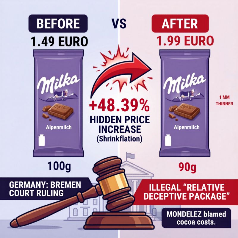 Infographic illustrating shrinkflation with Milka chocolate. "Before" shows a 100g bar at €1.49. "After" shows a 90g bar (1mm thinner) at €1.99, highlighting a 48.39% hidden price increase. A gavel references a Bremen court ruling in Germany calling it an illegal deceptive package, noted with Mondelez blaming cocoa costs.