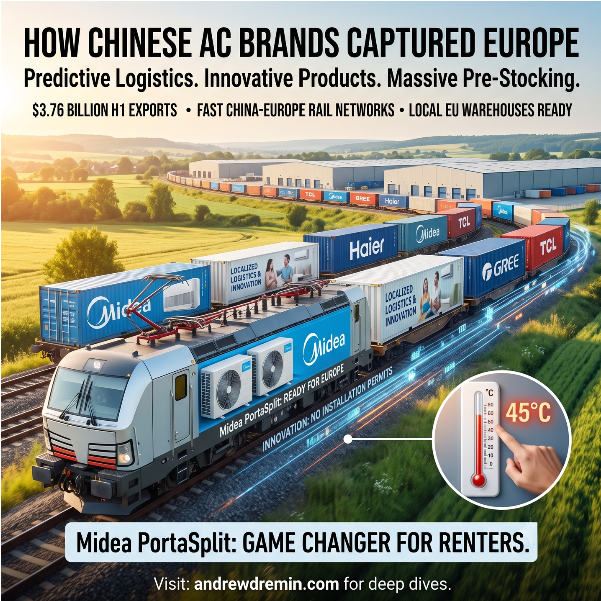 Infographic illustrating how Chinese air conditioner brands captured the European market. A freight train carrying shipping containers branded with Midea, Haier, Gree, and TCL travels toward large European warehouses. The text highlights "Predictive Logistics," "Innovative Products," and "$3.76 Billion H1 Exports." A thermometer displays a heatwave temperature of 45°C. The bottom text features the Midea PortaSplit as a game changer for renters and includes a call to visit andrewdremin.com for deep dives.