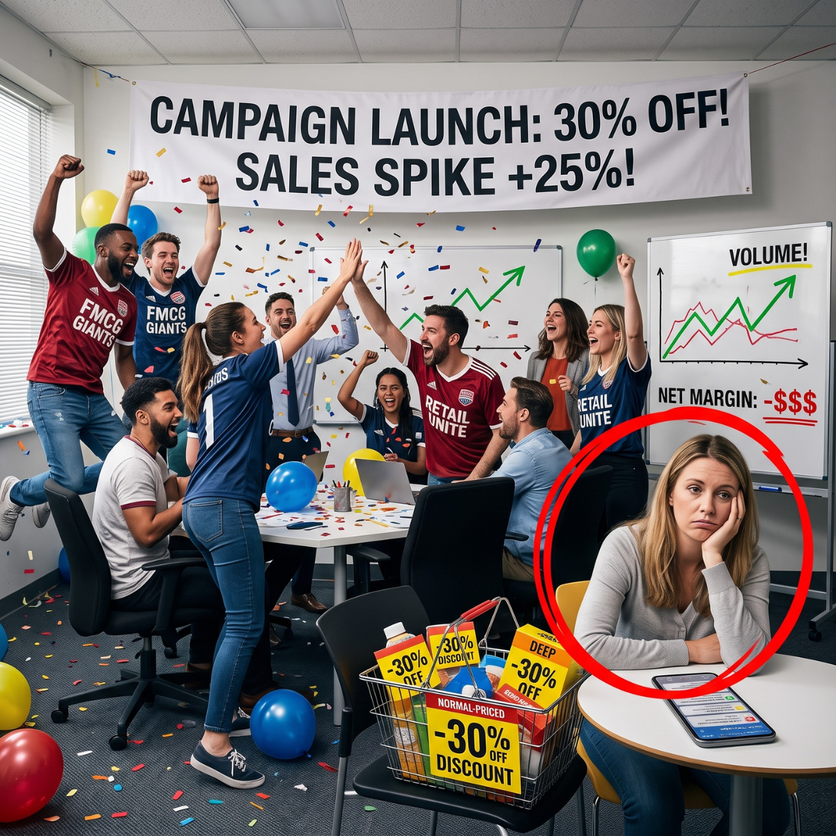 An office scene showing a stark contrast between corporate hype and shopper reality. On the left, a marketing team celebrates wildly with confetti, balloons, and sports jerseys under a banner reading "CAMPAIGN LAUNCH: 30% OFF! SALES SPIKE +25%!". Behind them, a whiteboard shows a rising green graph for "VOLUME!" alongside a crashing red line labeled "NET MARGIN: -$$$". On the right, a woman representing a real shopper is highlighted inside a large red circle. She sits alone at a table, looking completely bored and unbothered with her face resting on her hand, ignoring the celebration. Next to her sits a shopping basket packed with items covered in bright yellow "-30% OFF" discount signs.