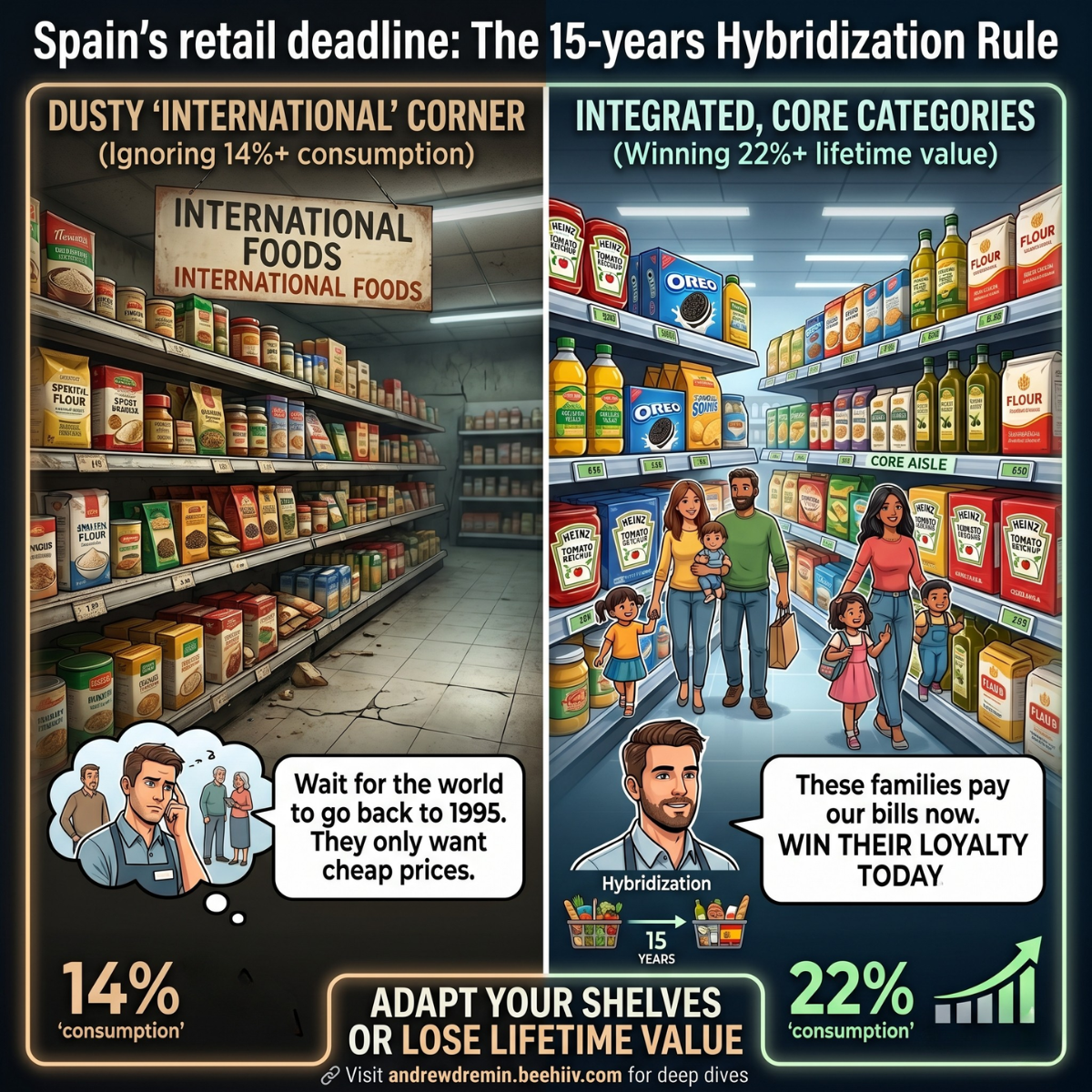 A split-screen infographic titled "Spain's retail deadline: The 15-years Hybridization Rule." The left panel, labeled "DUSTY 'INTERNATIONAL' CORNER (Ignoring 14%+ consumption)," depicts a dark, poorly maintained supermarket aisle with cracked floors and a wooden "International Foods" sign. A stressed store manager thinks, "Wait for the world to go back to 1995. They only want cheap prices." The bottom corner shows a stagnant "14% 'consumption'." The right panel, labeled "INTEGRATED, CORE CATEGORIES (Winning 22%+ lifetime value)," shows a bright, clean, well-stocked "Core Aisle" where diverse families shop for global brands like Heinz and Oreo placed alongside standard staples. A confident manager states, "These families pay our bills now. WIN THEIR LOYALTY TODAY." Below him is a graphic showing a shopping basket evolving over "15 YEARS" labeled "Hybridization," next to a green upward-trending chart hitting "22% 'consumption'." A banner across the bottom reads, "ADAPT YOUR SHELVES OR LOSE LIFETIME VALUE," with a link to visit andrewdremin.beehiiv.com for deep dives.