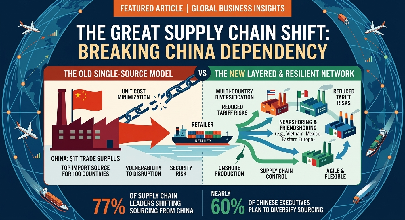 Retail supply chain sourcing trends 2026 diagram showing 77% executive shift from single-country dependency.