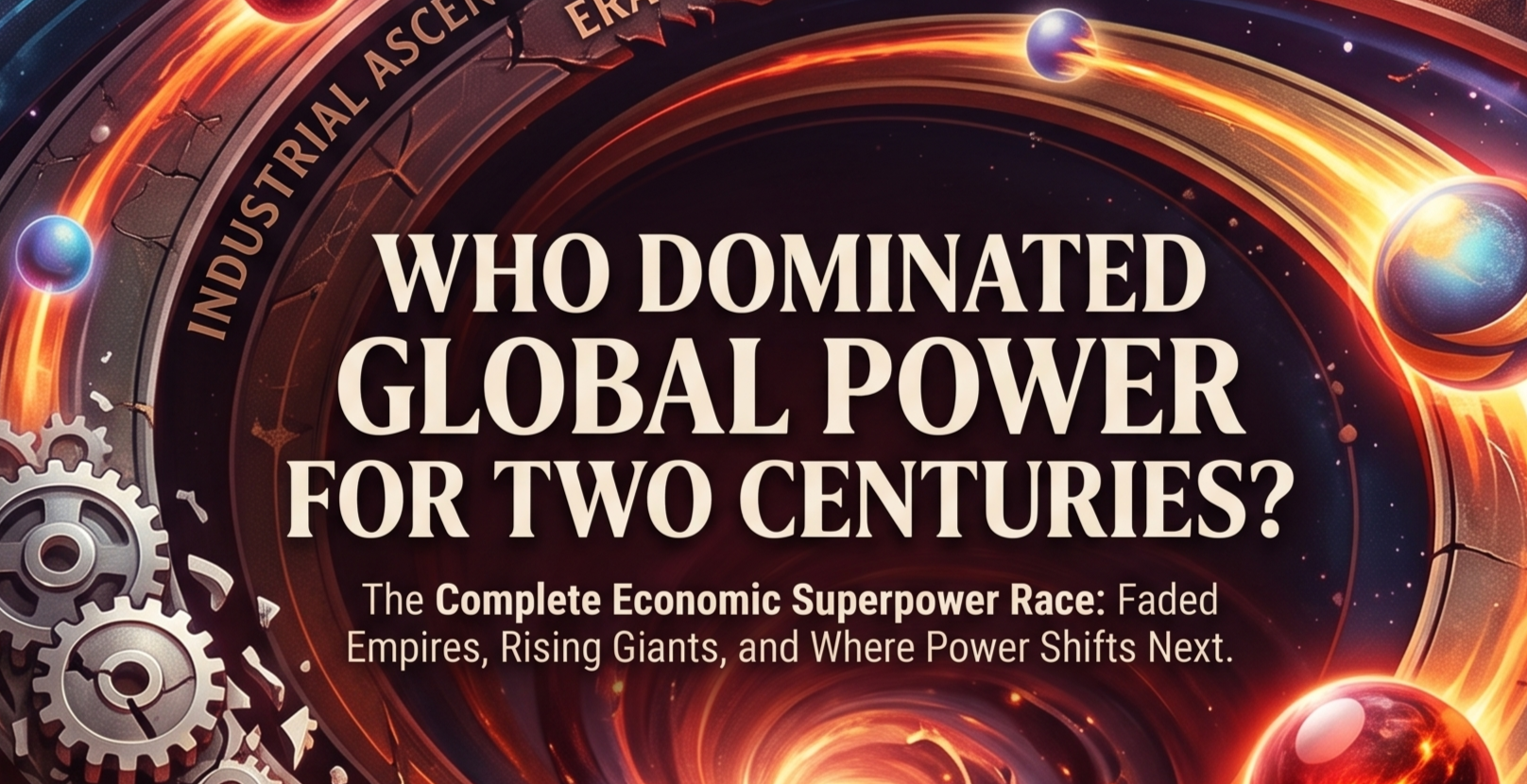 Graphic reading "Who Dominated Global Power For Two Centuries? The Complete Economic Superpower Race: Faded Empires, Rising Giants, and Where Power Shifts Next" framed by gears, glowing orbits, and planets.