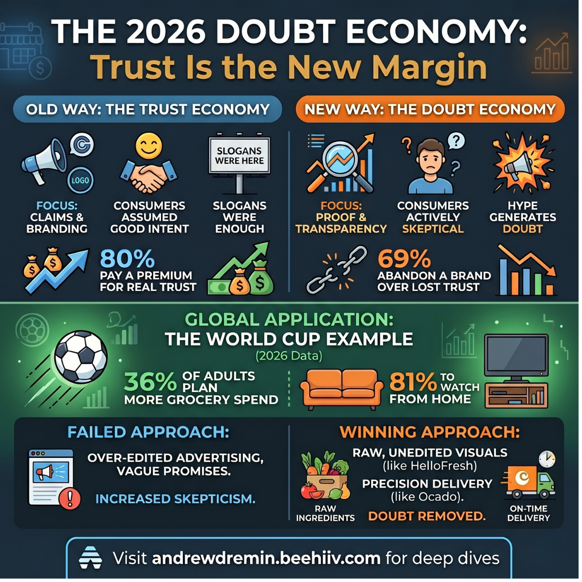 Global retail trust metrics 2026 infographic comparing marketing hype against operational proof in FMCG.