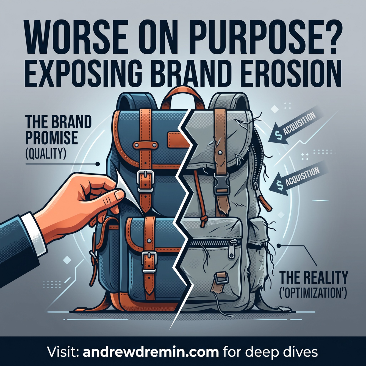 Infographic on US brand equity harvesting trends contrasting durable manufacturing with post-acquisition product deterioration.