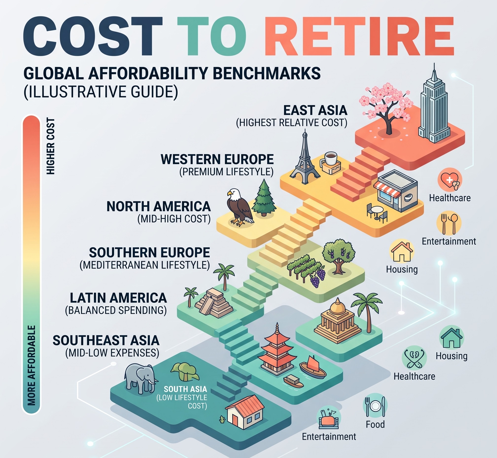Grocery store clustering FMCG 2026 data on global retirement affordability and regional lifestyle costs.
