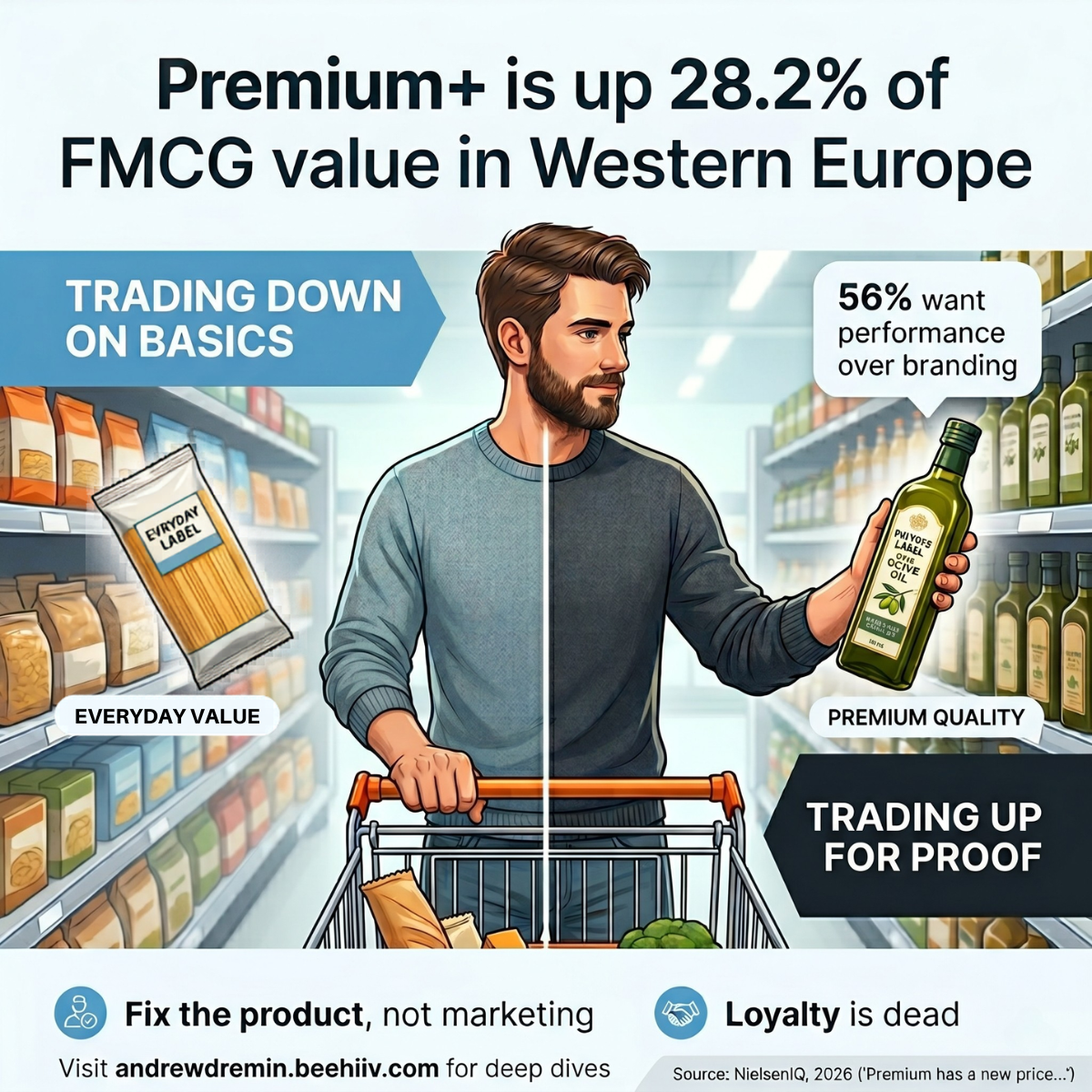 Infographic titled "Premium+ is up 28.2% of FMCG value in Western Europe." A split illustration shows a man grocery shopping, demonstrating two contrasting consumer behaviors. The left side, headed "TRADING DOWN ON BASICS," displays generic pasta designated as "EVERYDAY VALUE." The right side, headed "TRADING UP FOR PROOF," shows the man inspecting a bottle of olive oil designated as "PREMIUM QUALITY," accompanied by a text bubble stating "56% want performance over branding." The bottom panel lists two takeaways: "Fix the product, not marketing" and "Loyalty is dead." The graphic cites NielsenIQ, 2026, and includes a link to andrewdremin.beehiiv.com for deep dives.