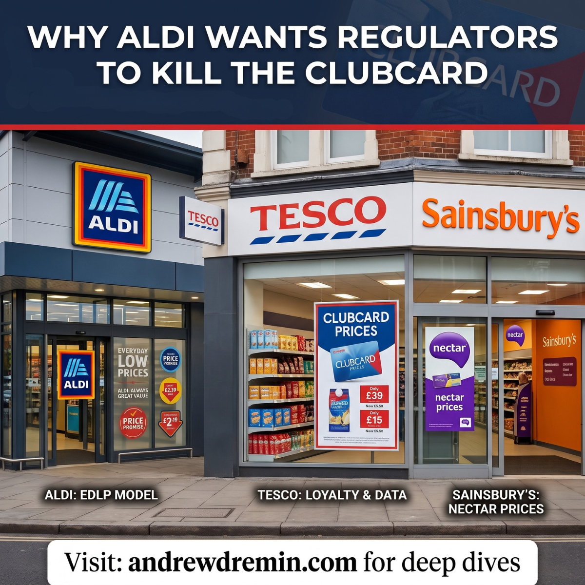 UK supermarket loyalty pricing trends comparing Aldi EDLP pricing against Tesco Clubcard and Sainsbury's Nectar schemes.