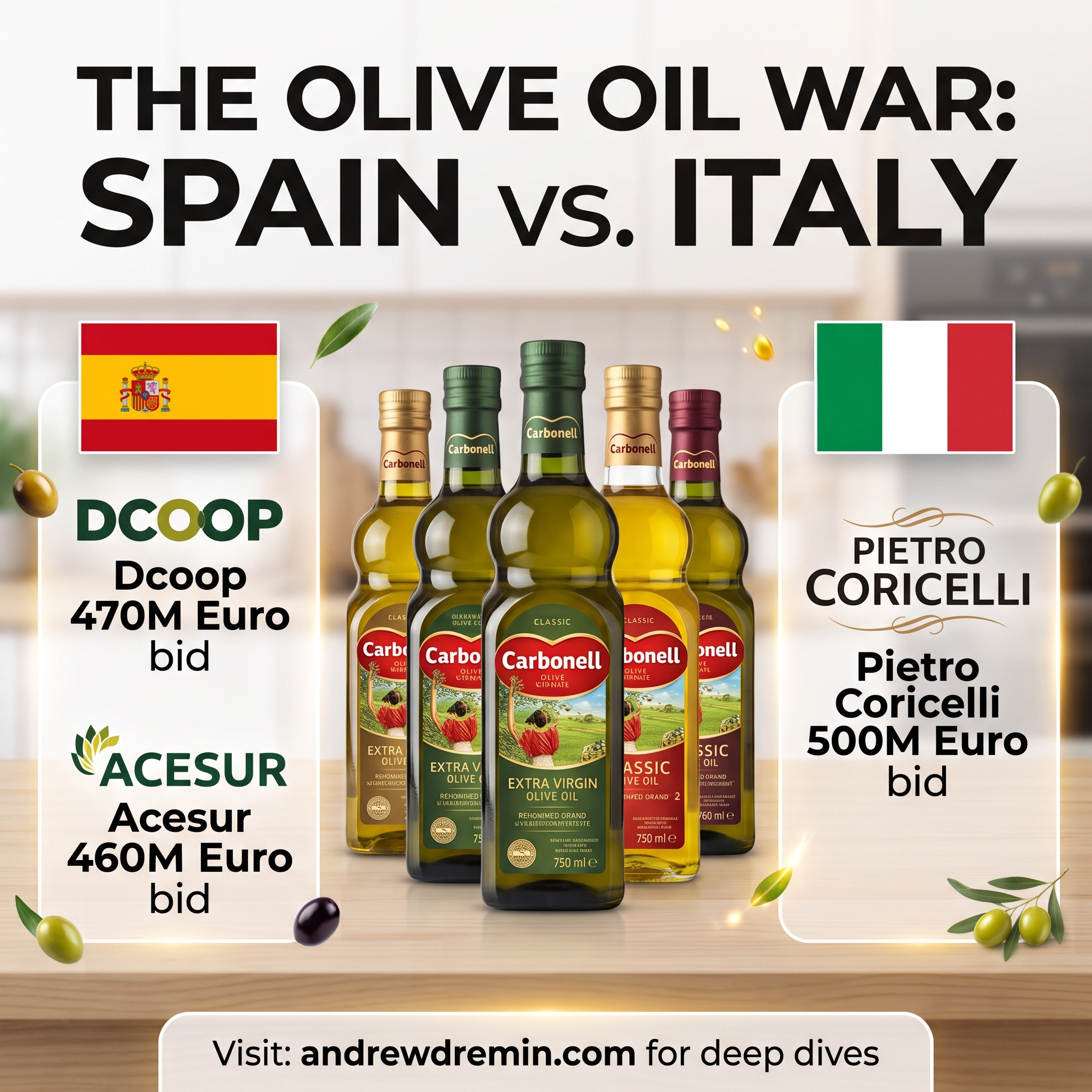 European olive oil market share 2026: €500M Deoleo takeover battle between Italian Coricelli and Spanish Dcoop and Acesur.