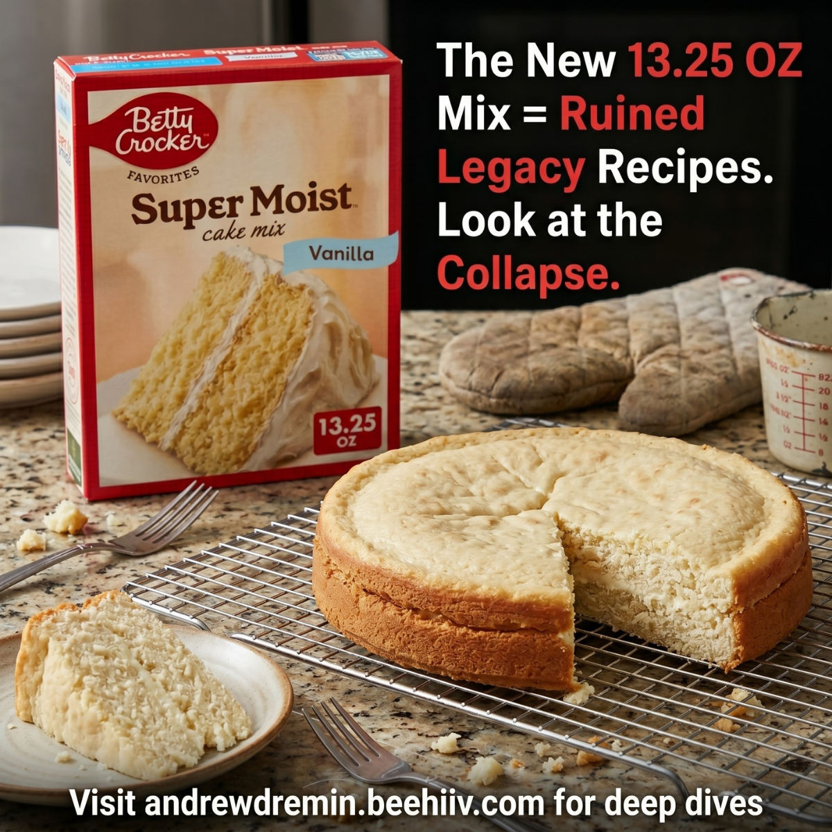 Collapsed cake illustrating US CPG shrinkflation market trends from downsized baking mixes.