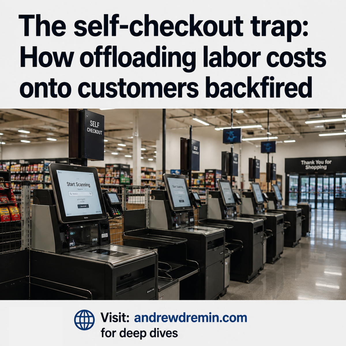A graphic with the headline, "The self-checkout trap: How offloading labor costs onto customers backfired." Below the text is a photograph of a row of unoccupied self-checkout kiosks in a brightly lit supermarket. The screen on the nearest kiosk reads "Start Scanning." A footer at the bottom includes a globe icon alongside the text, "Visit: andrewdremin.com for deep dives."
