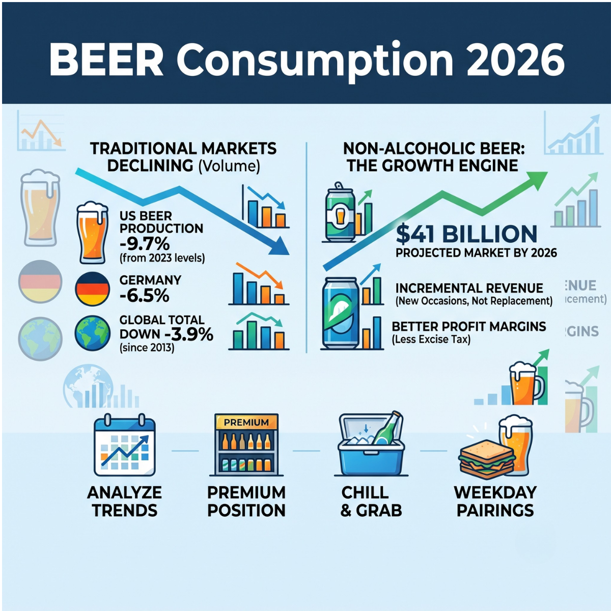 Global beer market trends 2026 showing the decline in traditional volumes and the $41 billion non-alcoholic category rise.