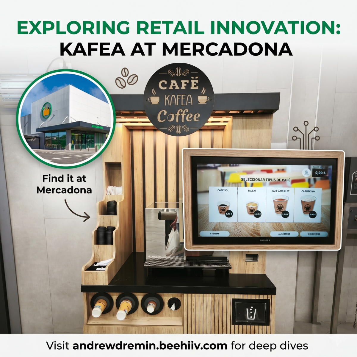 Automated Kafea coffee kiosk supporting Spain supermarket food service trends 2026 at Mercadona.