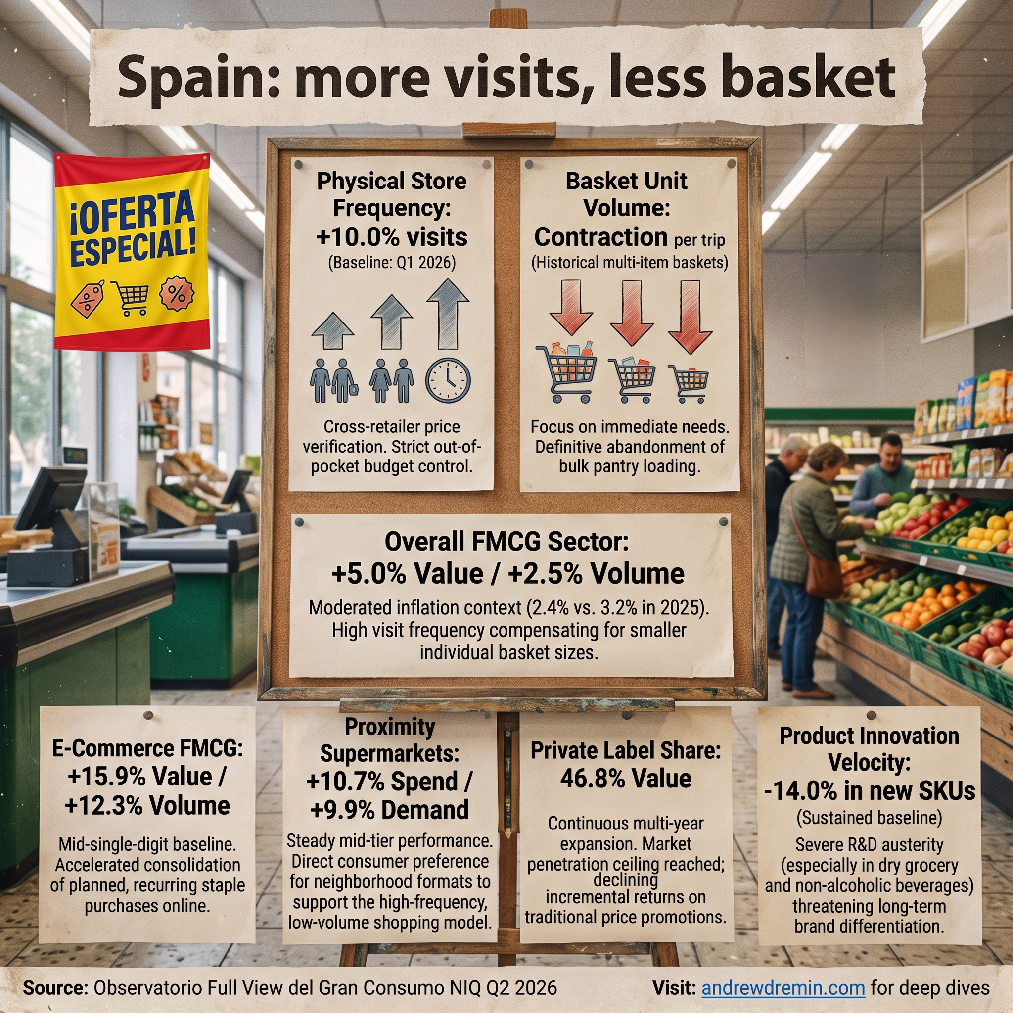 Spain FMCG retail trends 2026 data highlighting 46.8% private label share, 10% visit growth, and shrinking basket units.