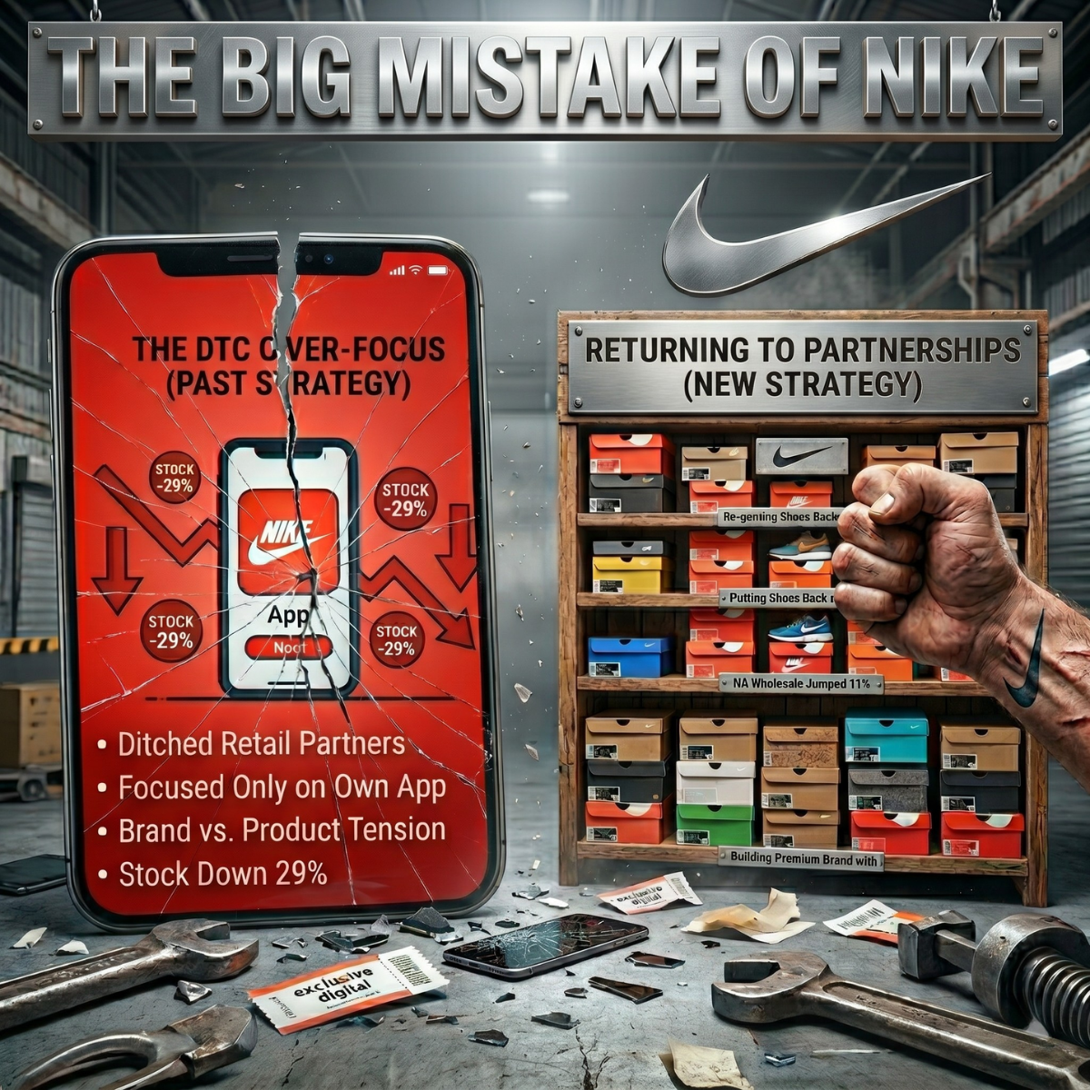US athletic footwear market share shift: Nike DTC strategy collapse versus wholesale retail partnership turnaround.